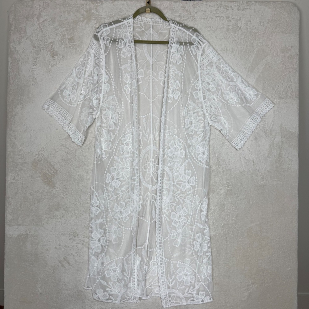 White Floral Embroidered Lace Mesh Long Kimono Cardigan Western Boho Chic Size